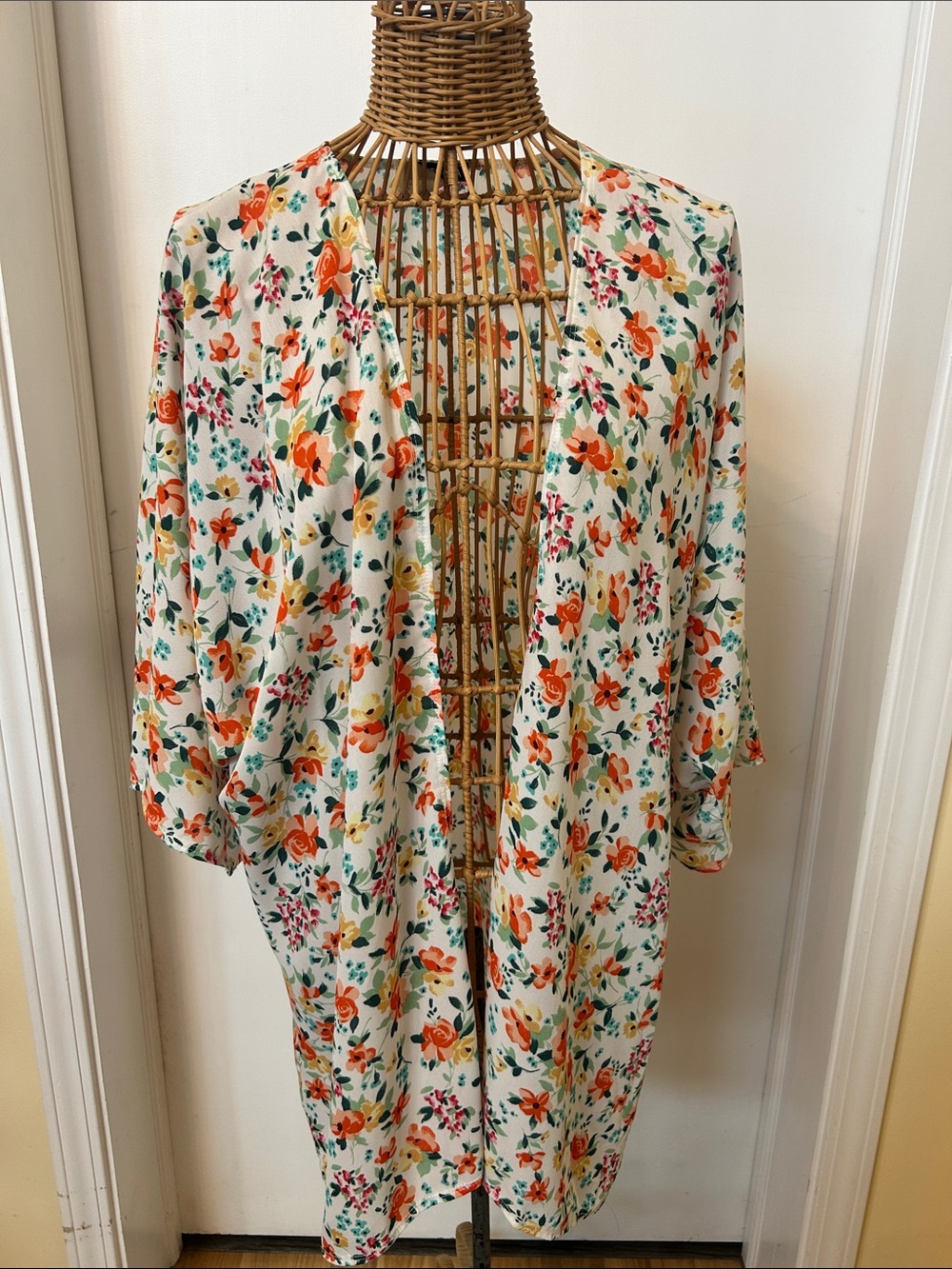Floral Open-Front Cape - Cream with Orange & Green Botanical Print